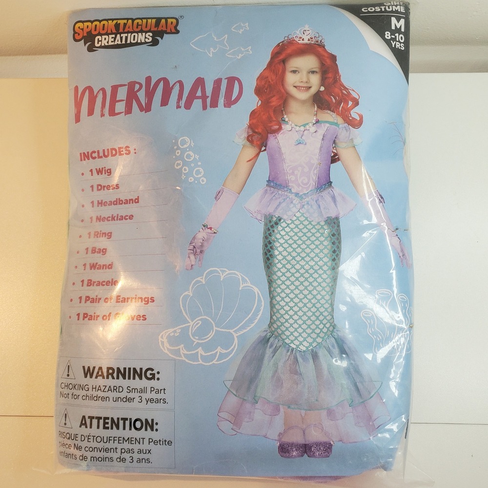 Spooktacular Creations Mermaid Costume Girls Medium 8-10 Purple Teal Red Wig NWT
